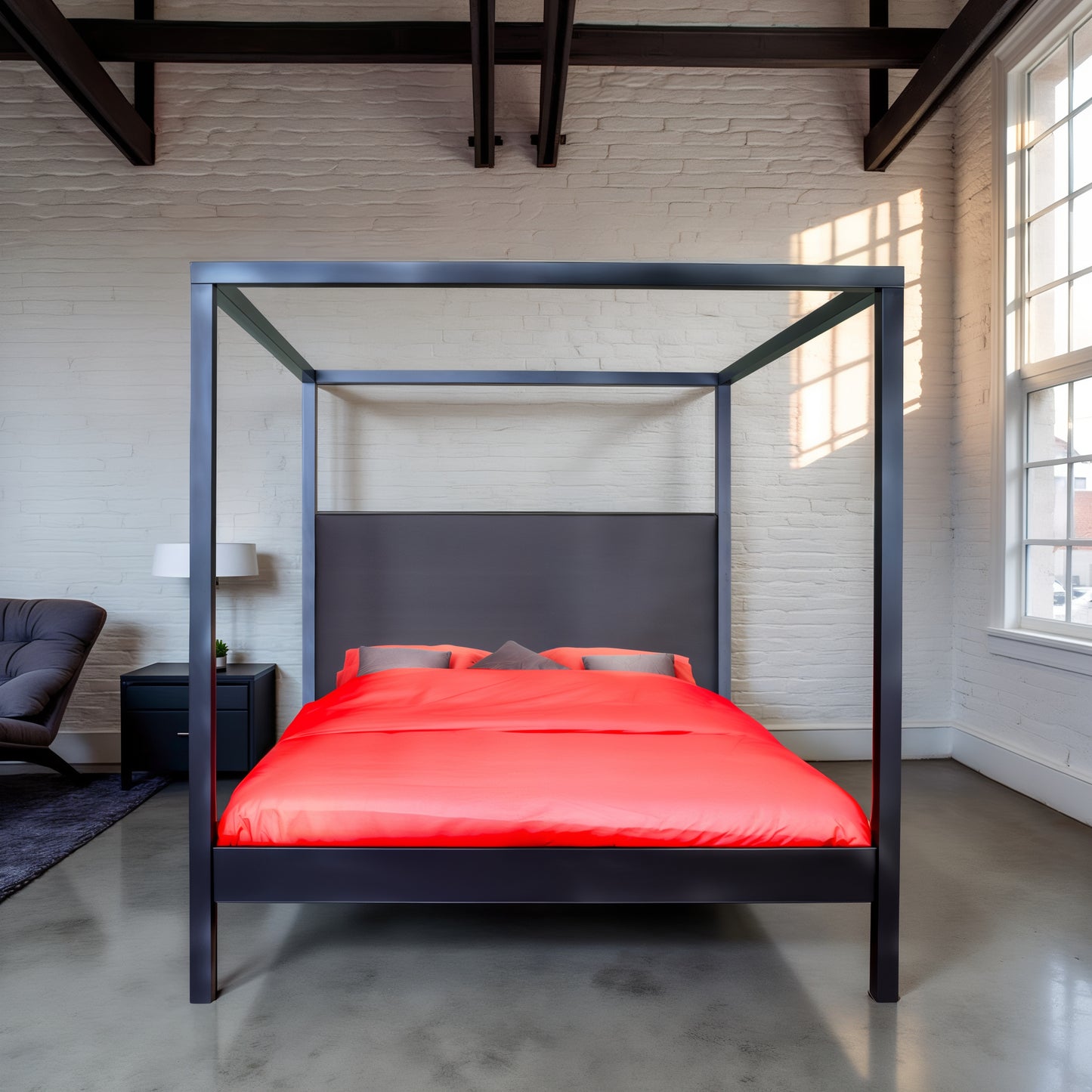 cube bed met hoofdbord in moderne loft