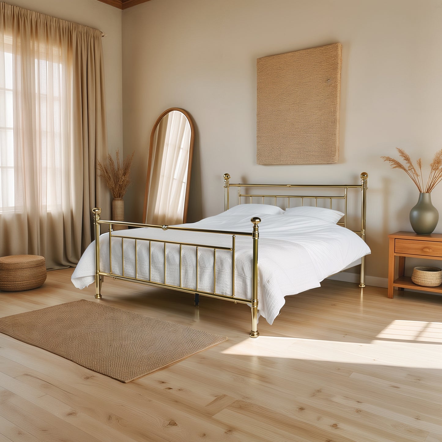 Gold Coralie bed side view in bedroom