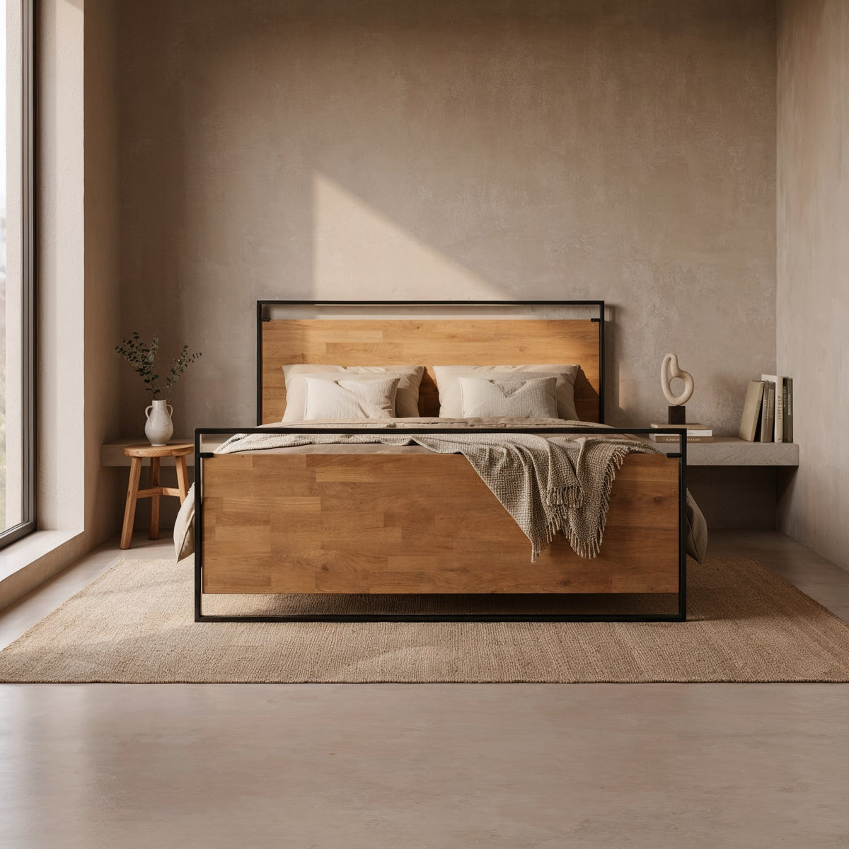 Holzbett Baelen mit Holzpaneelen in einem schwarzen Metallrahmen, Vorderansicht in einem hellen Schlafzimmer