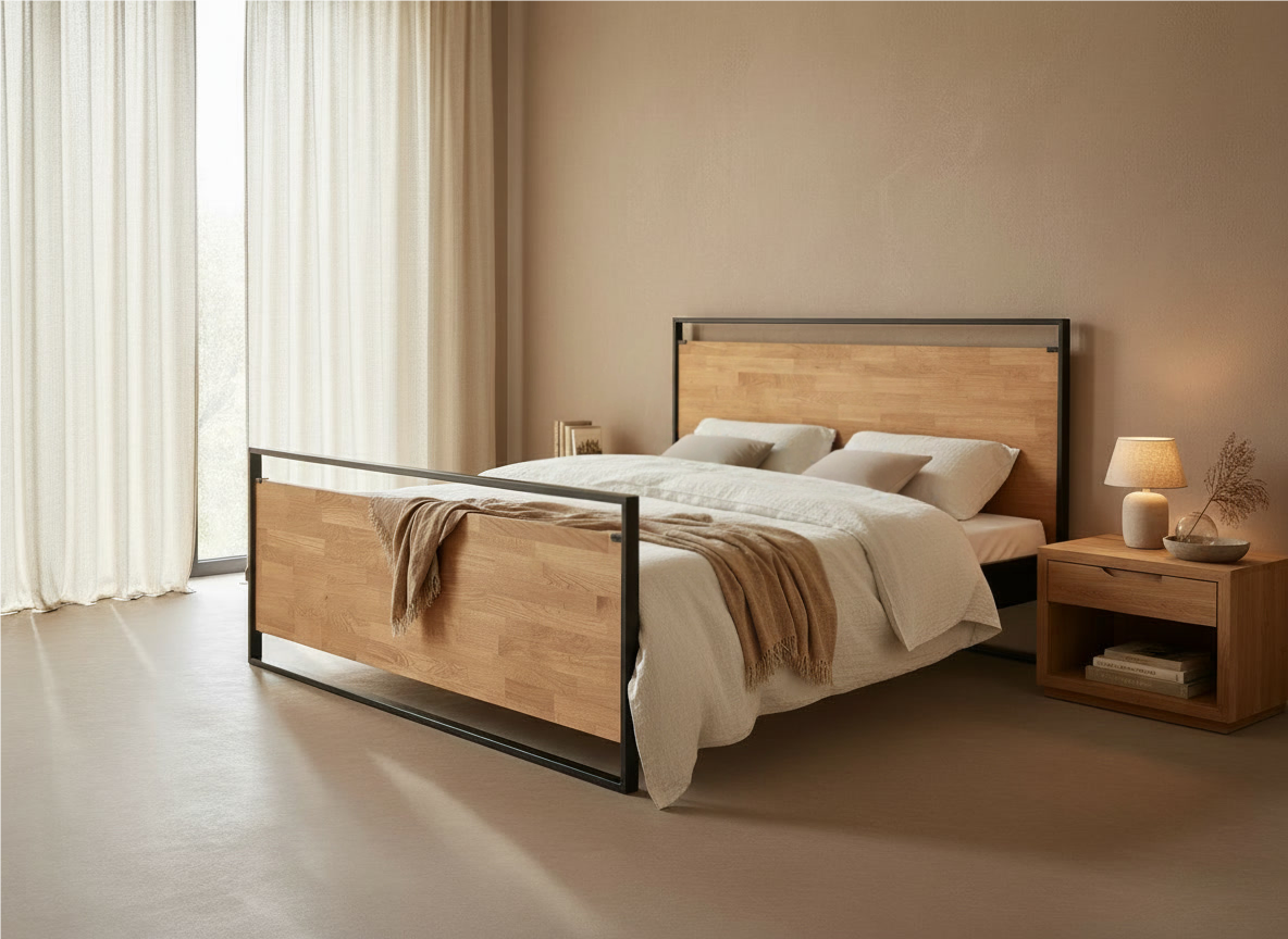 Bett Baelen mit Kopf- und Fußteil aus Holz in einem schwarzen Rahmen, Schrägansicht neben einem Nachttisch aus Holz