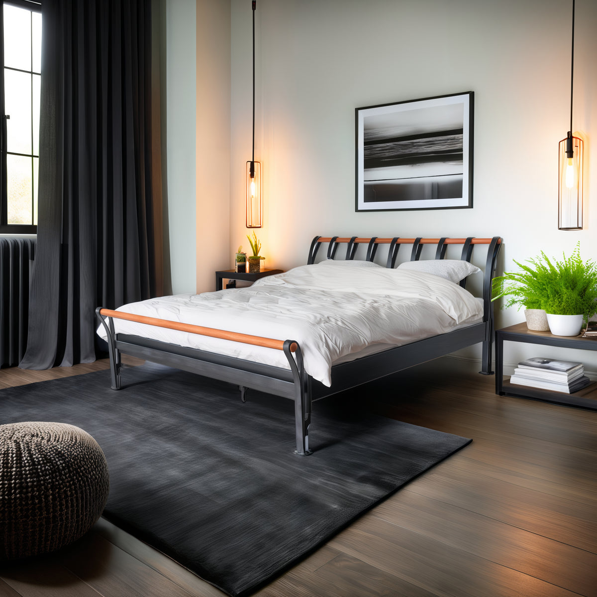 Zijaanzicht metalen bed Cudillero met zwart frame en houten spijlen in elegante moderne slaapkamer