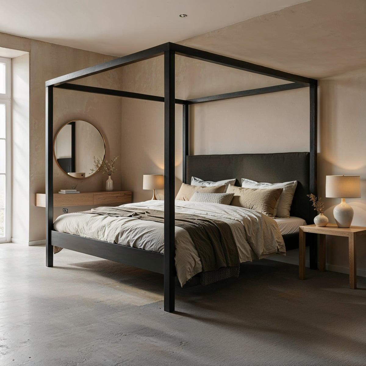 The cube with headboard, a black canopy bed with a tall upholstered head end, in a light bedroom