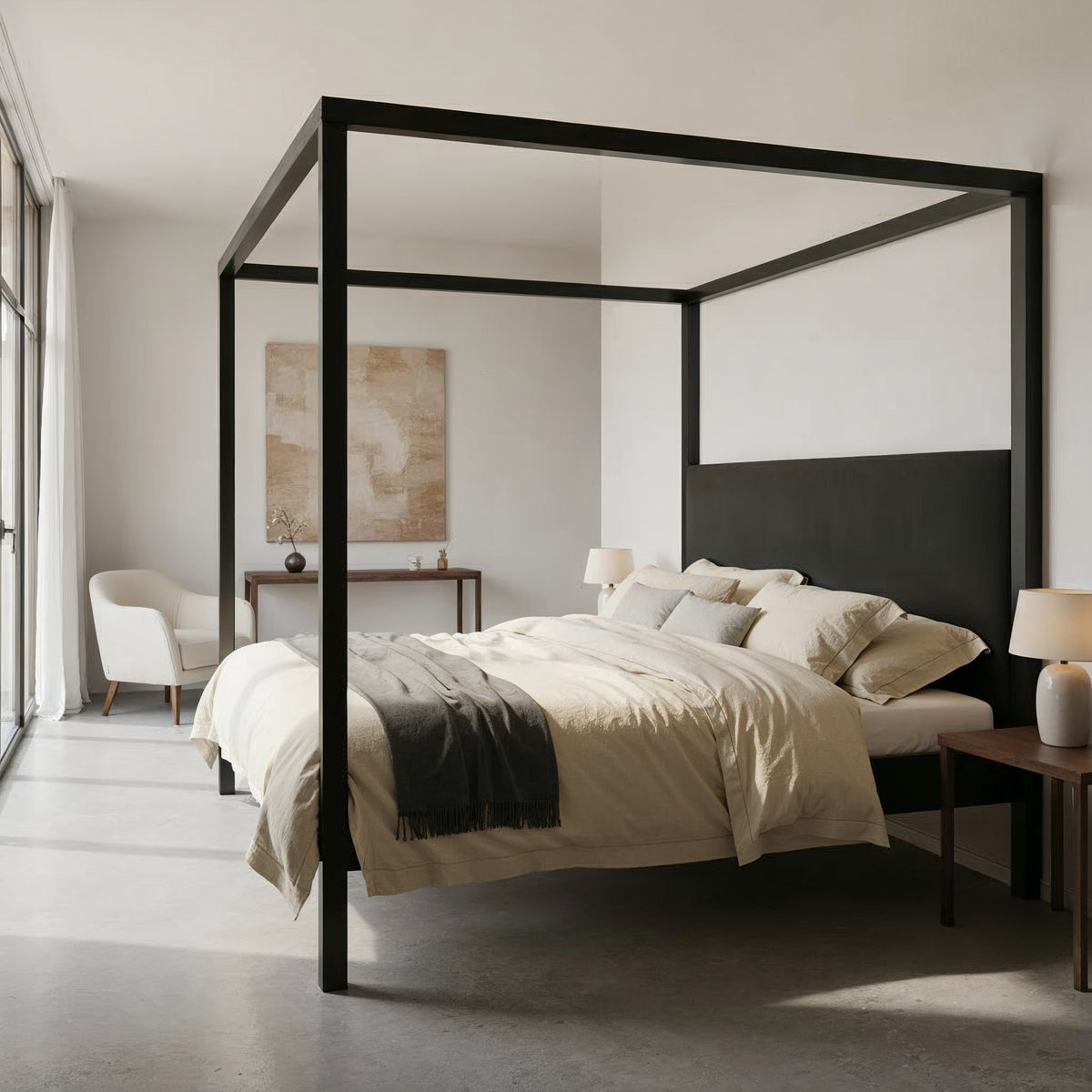 Side view of The cube canopy bed with headboard in black, with cream bedding by a window
