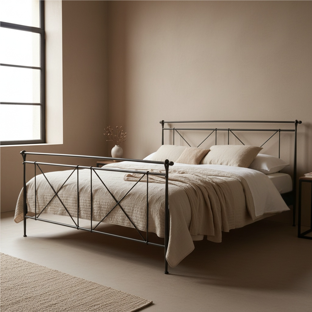 Metallbett Brackley in Schwarz mit Kreuzelementen in Kopf- und Fußteil, in einem hellen Schlafzimmer