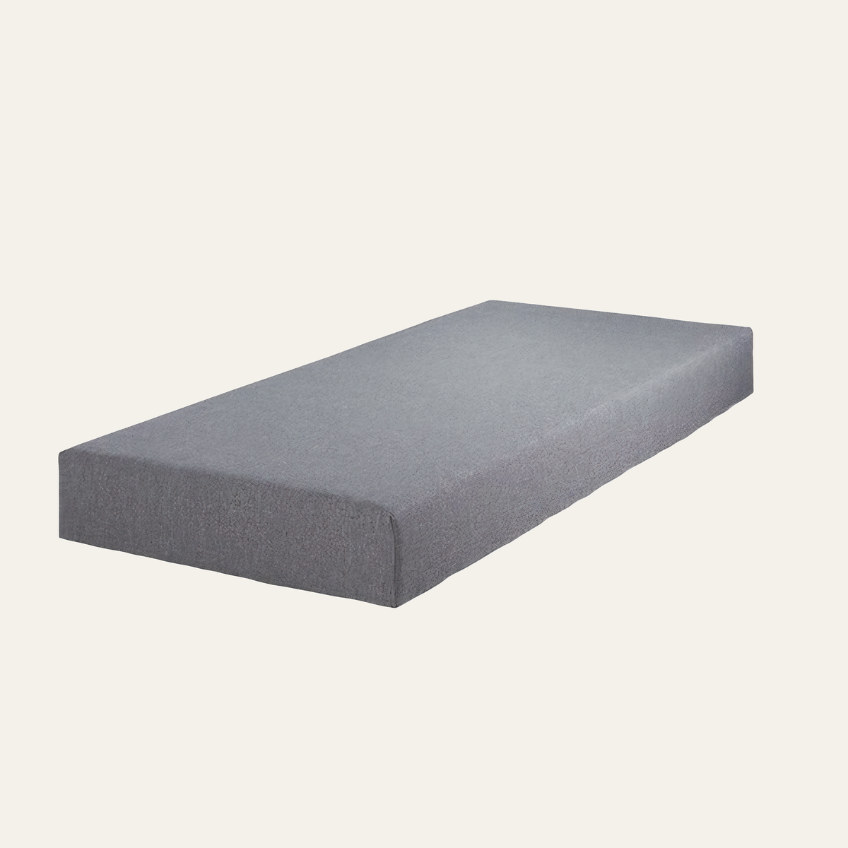 Cleo (Bonell) box spring base with grey fabric upholstery, angled top view against a light background