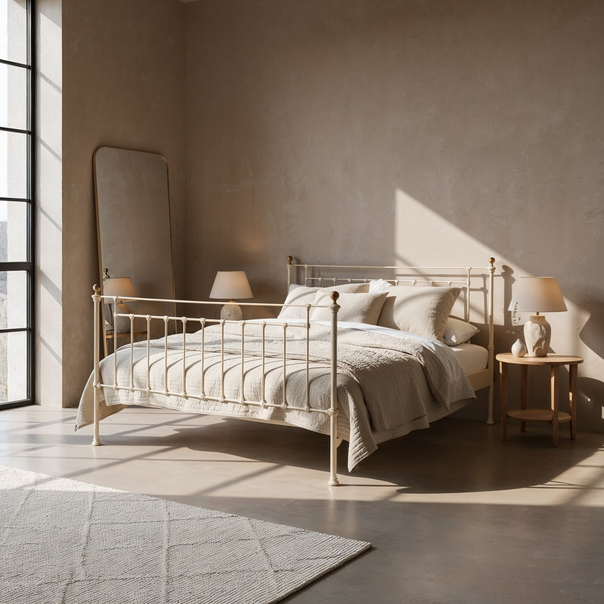 Metallbett Rushden in Cremeweiß mit goldenen Knäufen, schräg von vorn in einem sonnigen Schlafzimmer