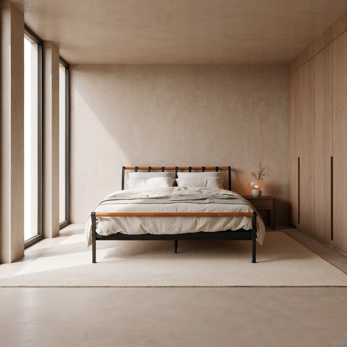 Front view of the Cudillero metal bed with black spindles and wooden tubes on a light rug