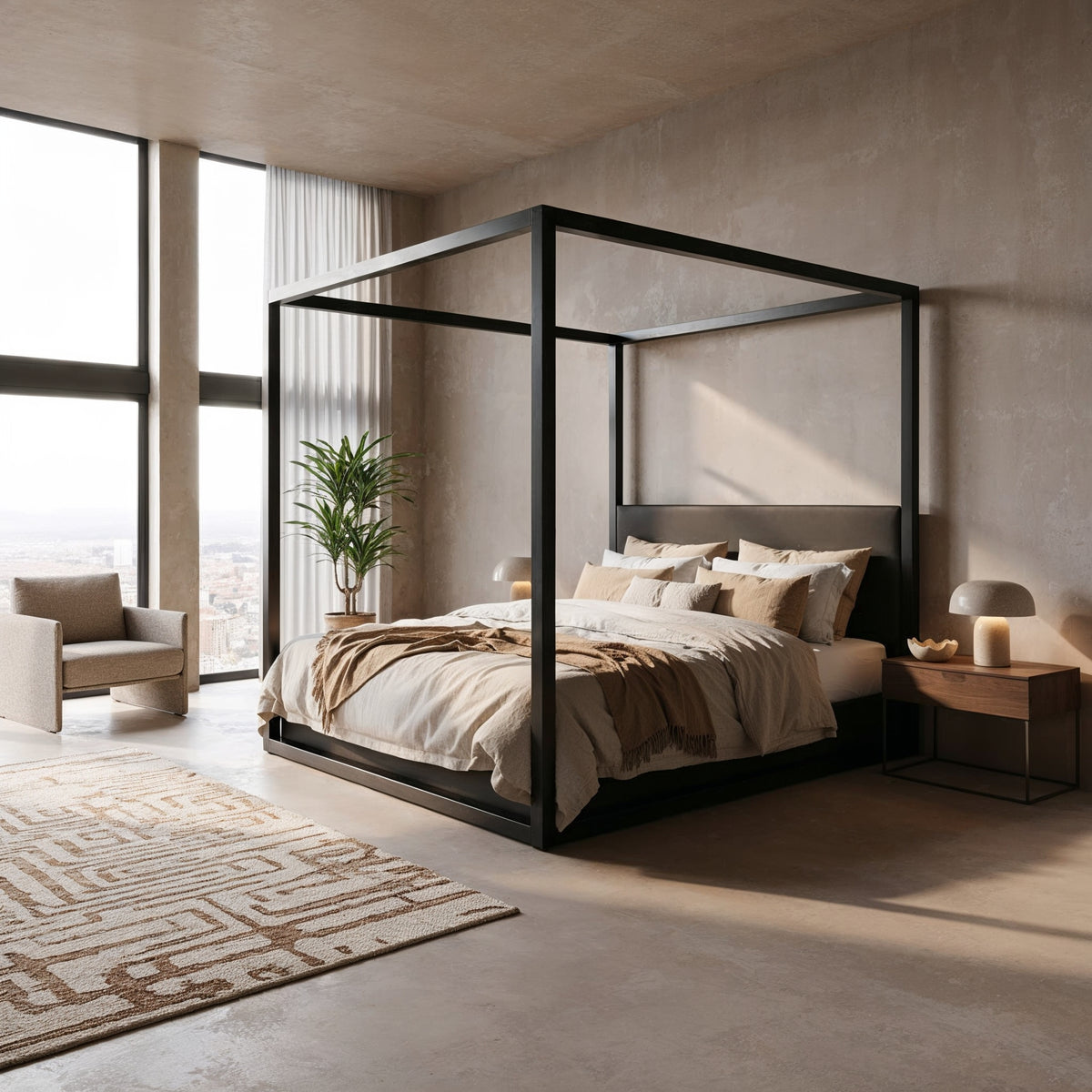 The Loft canopy bed with headboard in black, angled front view in a light loft with large windows