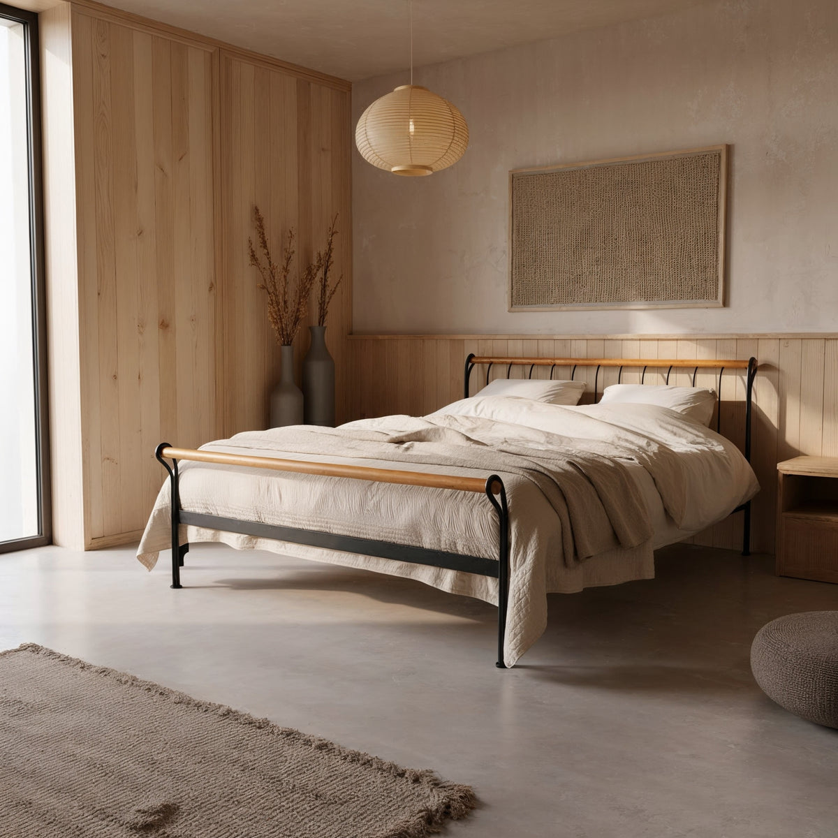 Lit en métal Tivoli noir à traverse supérieure couleur bois sur la tête et le pied de lit, vu de biais, chambre claire