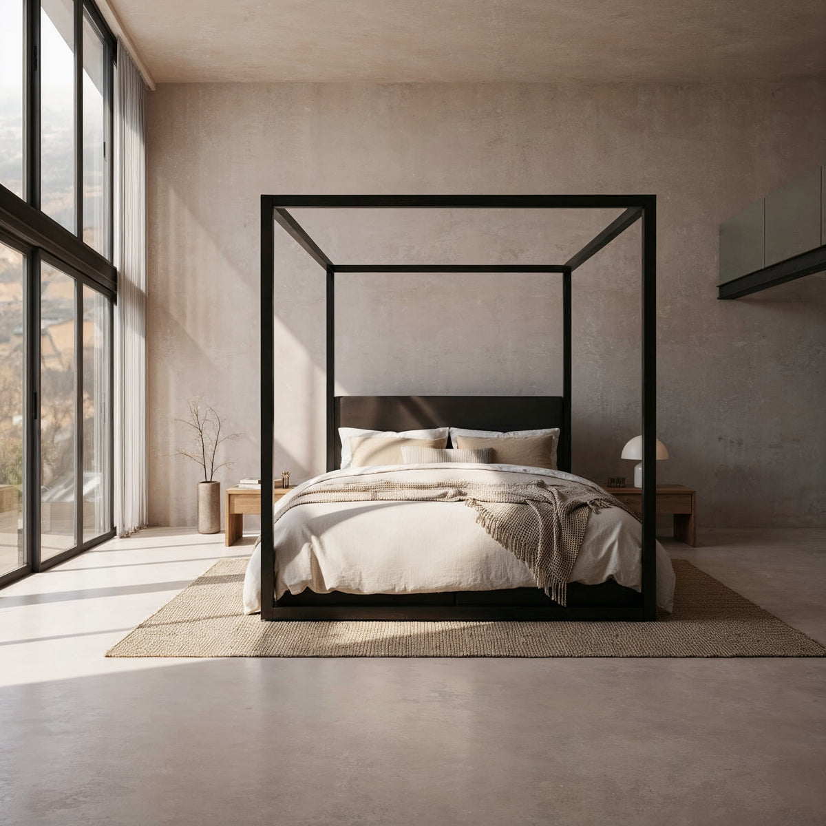 The Loft canopy bed with headboard in black, straight front view on a jute rug by tall windows