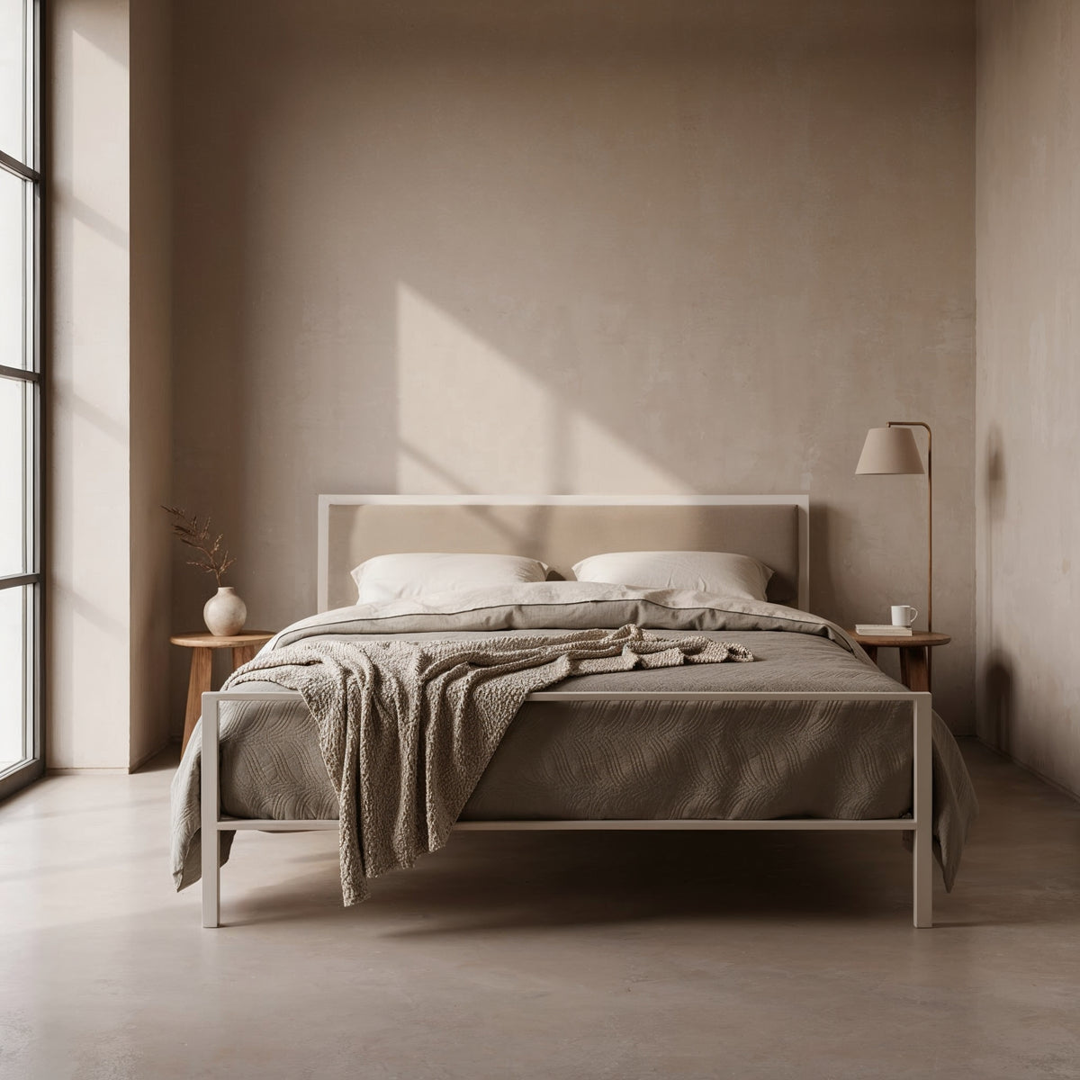 Vorderansicht des Metallbetts Ferndown in Cremeweiß mit gepolstertem Kopfteil in Taupe, in einem hellen Schlafzimmer
