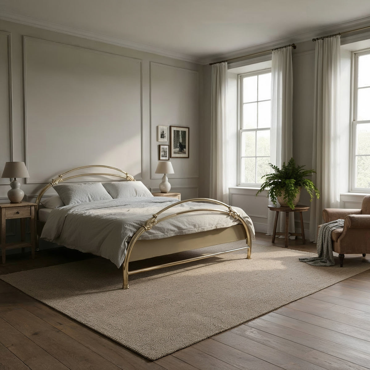 Messingbett La rosa schräg von vorn in einem Schlafzimmer mit Holzboden, großem Teppich und hohen Fenstern
