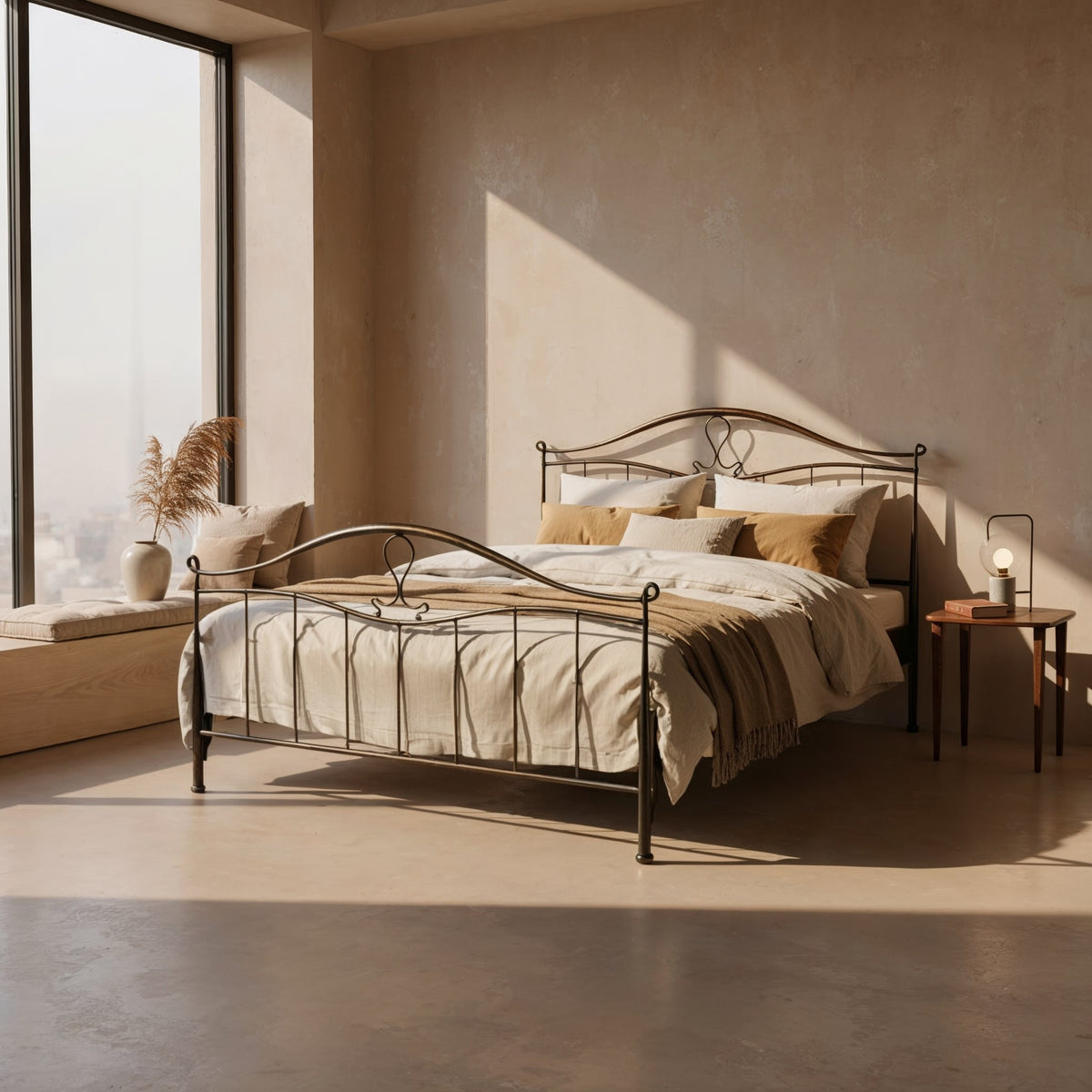 Schmiedeeisernes Bett Navarra mit gebogenem Kopf- und Fußteil und Zierschlaufe, schräg von vorn in sonnigem Schlafzimmer