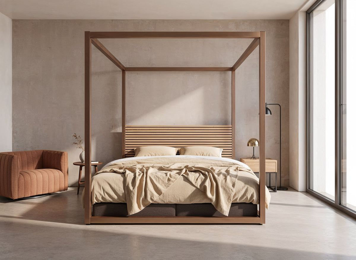 The Loft canopy bed with a headboard of wooden slats and a brown frame, in a light bedroom