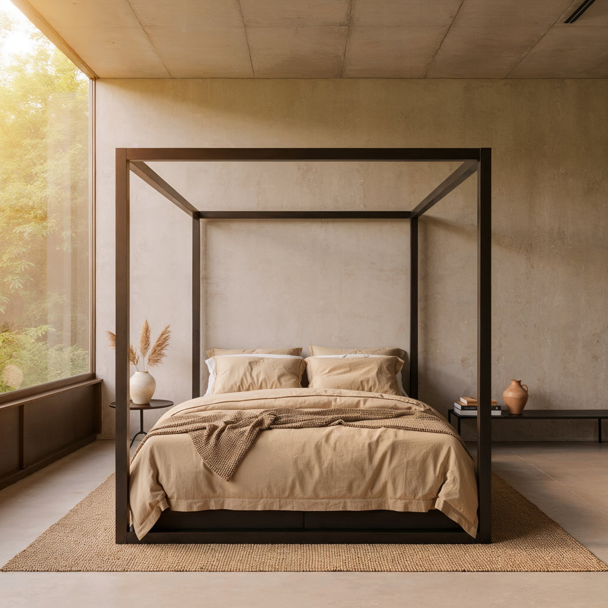 Front view of The Loft canopy bed without headboard with sleek dark frame, in a concrete bedroom