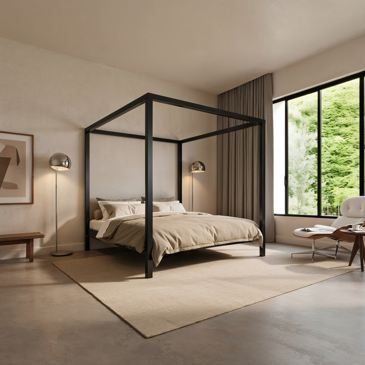 Himmelbett The cube ohne Kopfteil in Schwarz mit geradlinigem quadratischem Rahmen, in hellem Schlafzimmer mit großem Fenster