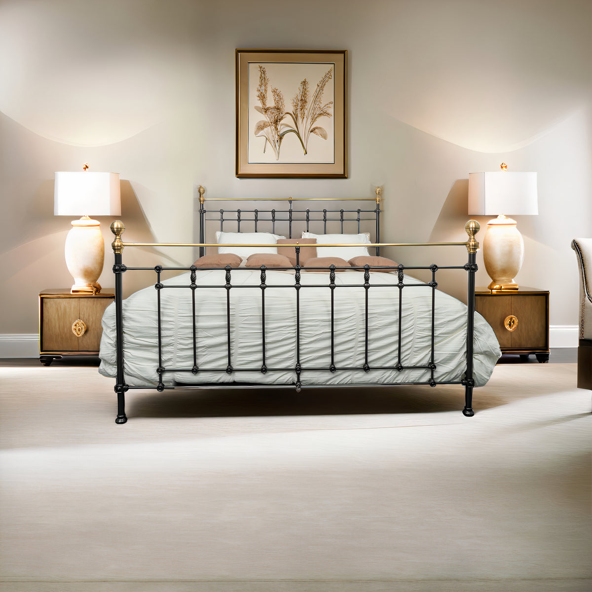 Front view luxury metal bed Sandhurst with black frame and gold accents in elegant bedroom with classic decor