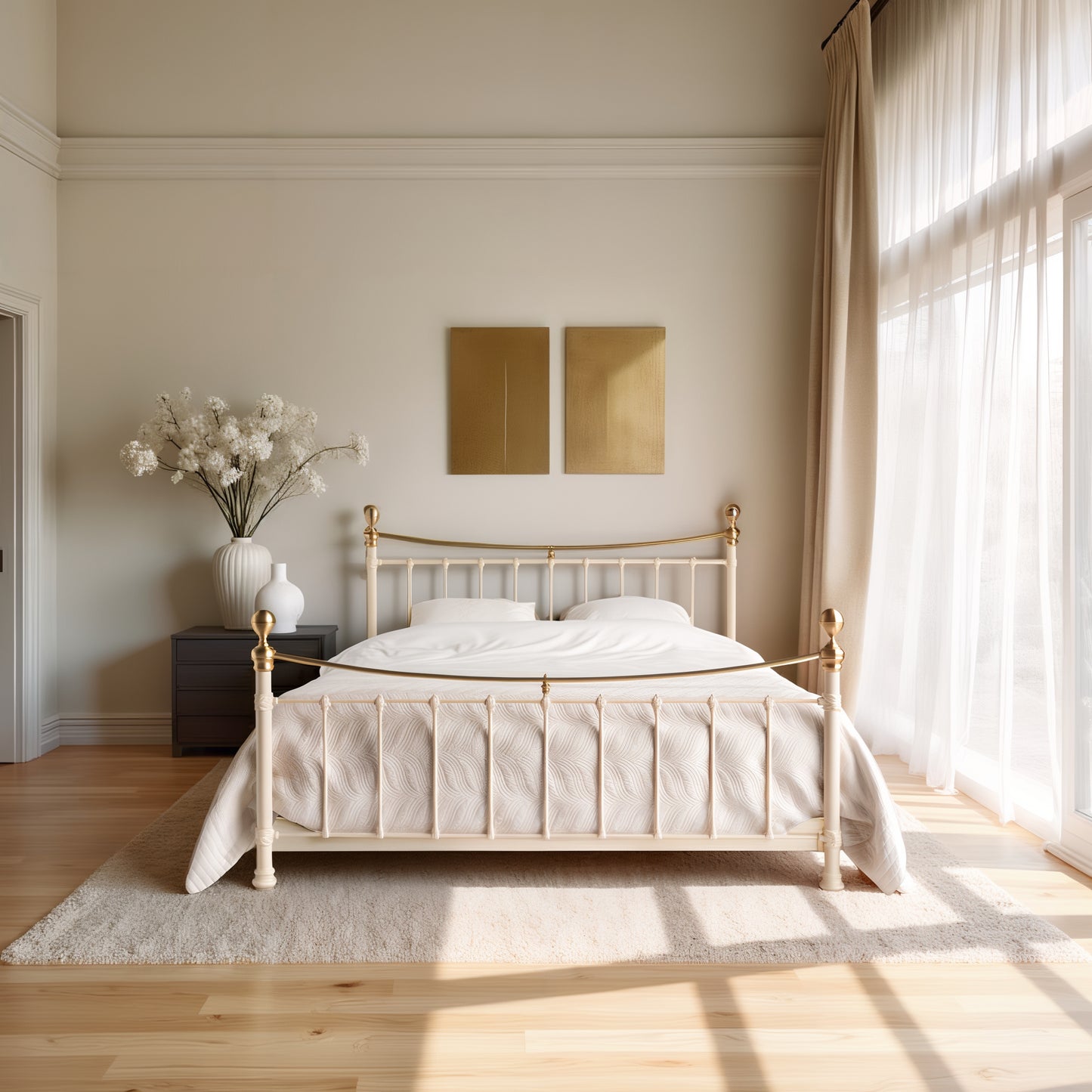 Classic metal bed Wellington in cream white with gold accents and decorative bars